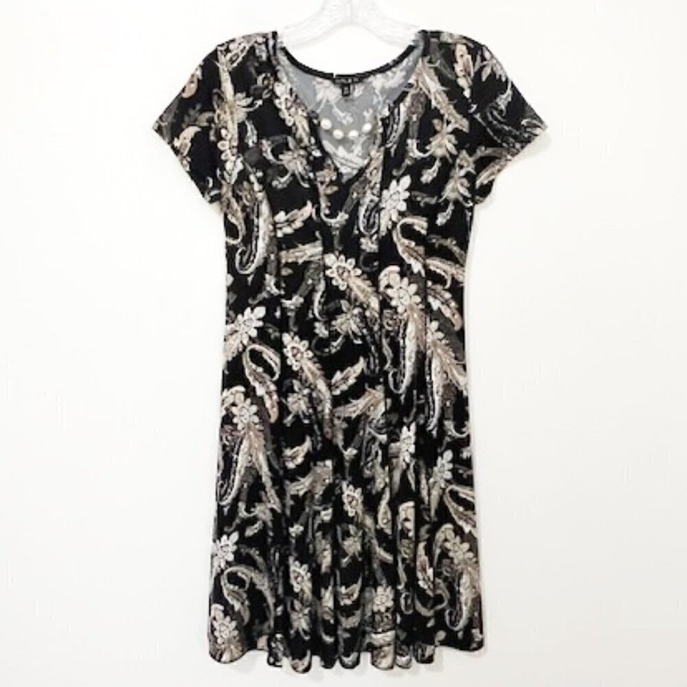 Sami & Jo Black Tan Floral Panel A-Line Dress Short Sleeve Size PS
